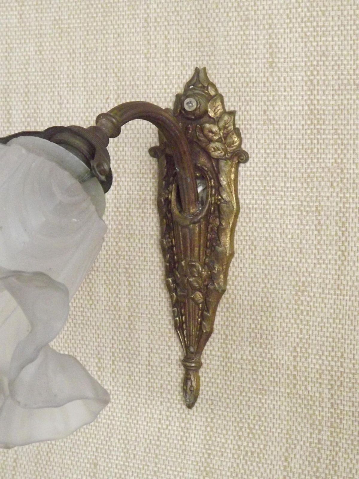 Single French Bronze Art Nouveau Wall Light Flower Detail White Glass Shade 6 French Vintage Lighting. Single Wall Light.Frilled Glass Shade photo 99.0