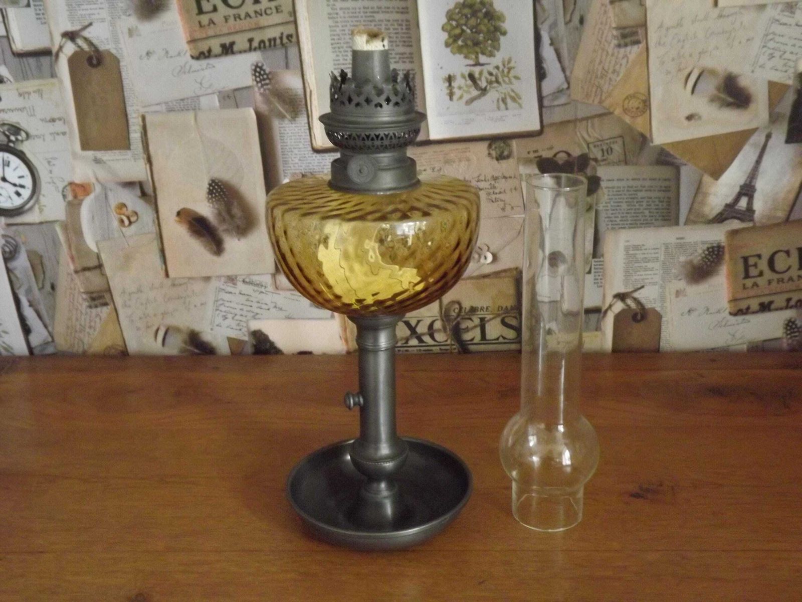 French Antique Oil Lantern Pewter Candle Base Amber Oil Well & Glass Funnel   French Oil Lnatern. Amber Glass Bowl. Upcycled Oil Lnatern.