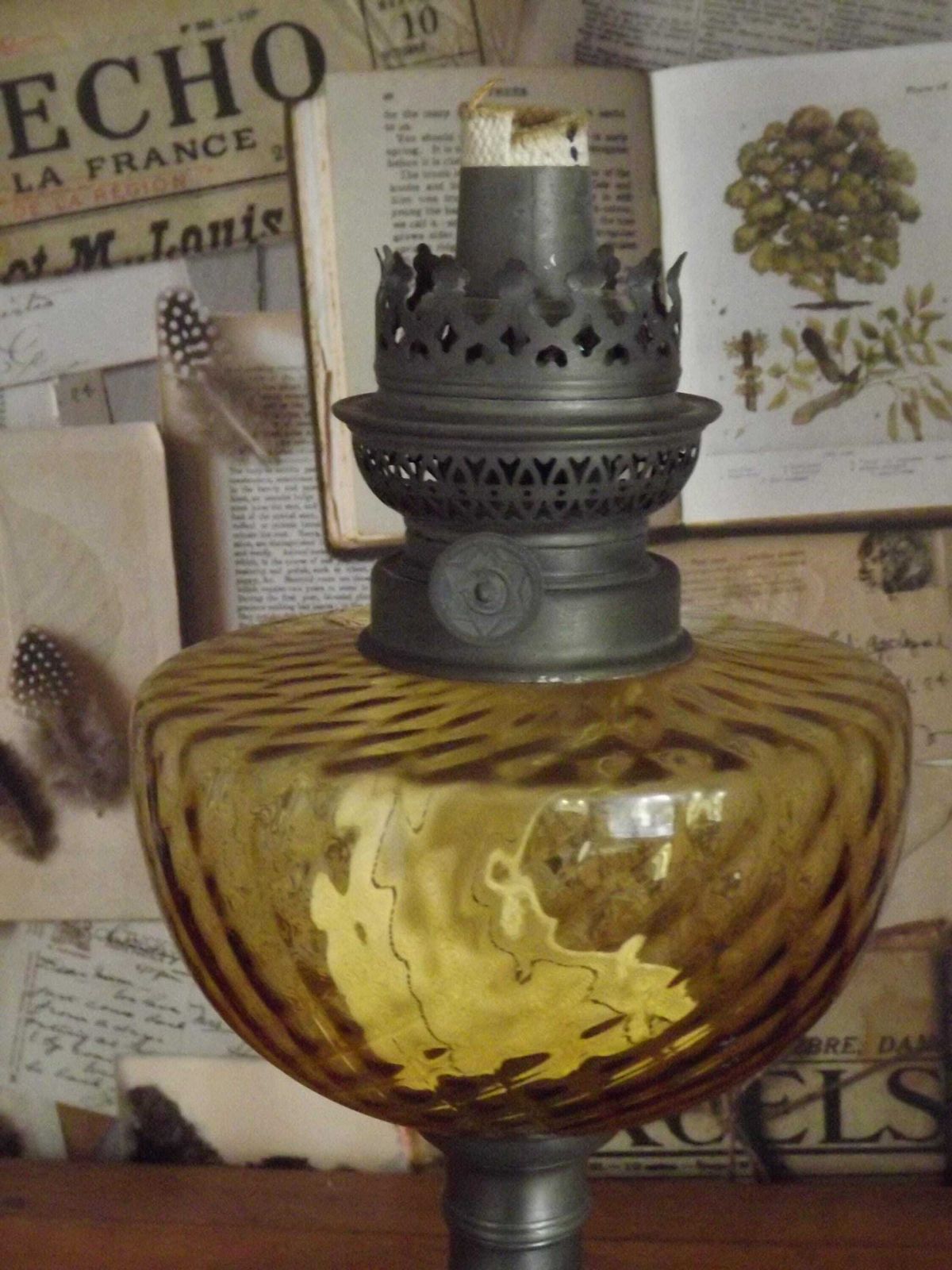 French Antique Oil Lantern Pewter Candle Base Amber Oil Well & Glass Funnel   French Oil Lnatern. Amber Glass Bowl. Upcycled Oil Lnatern. photo vinterior