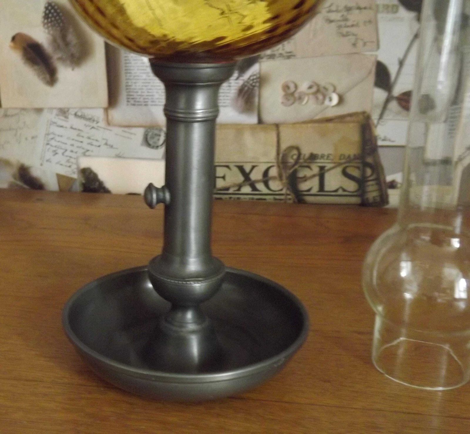 photo furniture French Antique Oil Lantern Pewter Candle Base Amber Oil Well & Glass Funnel   French Oil Lnatern. Amber Glass Bowl. Upcycled Oil Lnatern.
