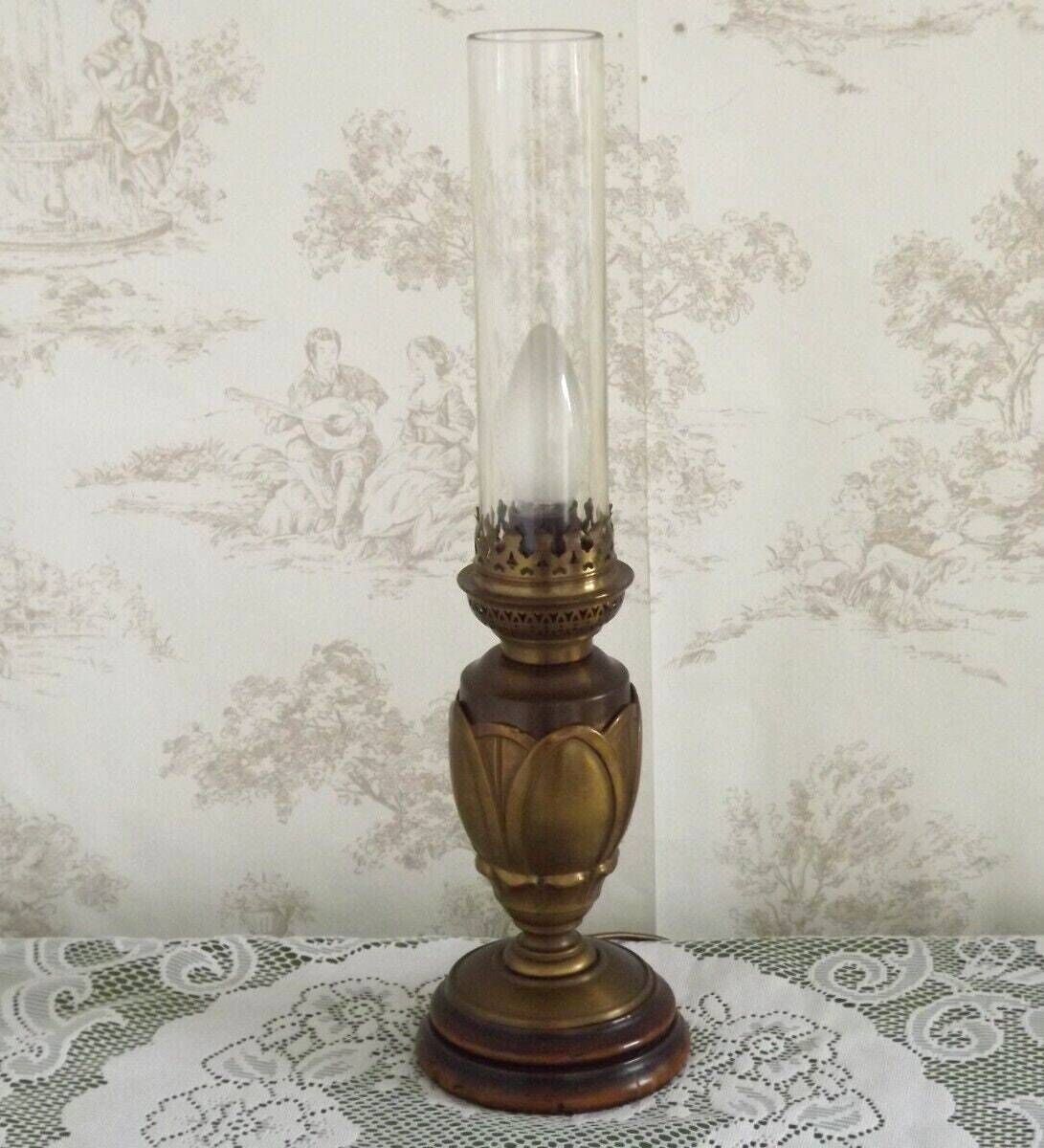 French Vintage Art Nouveau Style Bronze & Wood Table Lamp Clear Glass Funnel Shade   Vintage French Lighting. Table Lamp. Bedside Lamp. photo furniture