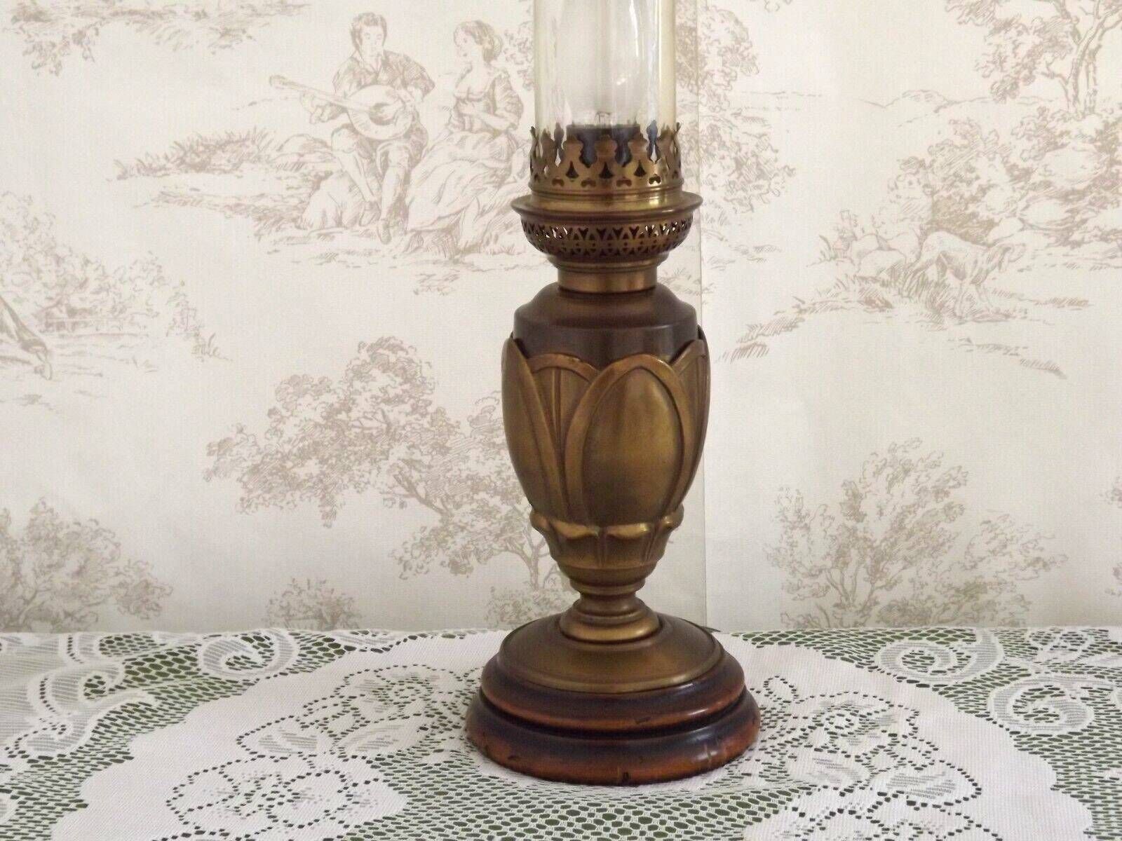 French Vintage Art Nouveau Style Bronze & Wood Table Lamp Clear Glass Funnel Shade   Vintage French Lighting. Table Lamp. Bedside Lamp. photo buy