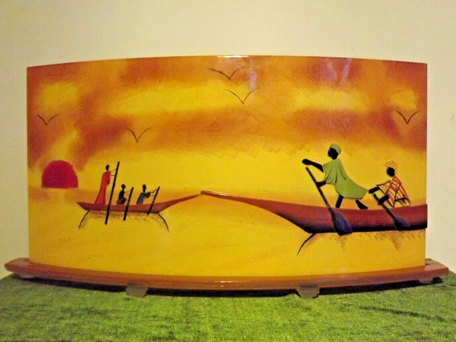 Stunning Vintage French African Style Glass Table Lamp With Dual Lighting  French Table Lamp. African Sunset Scene Curved Glass Lamp photo Lighting