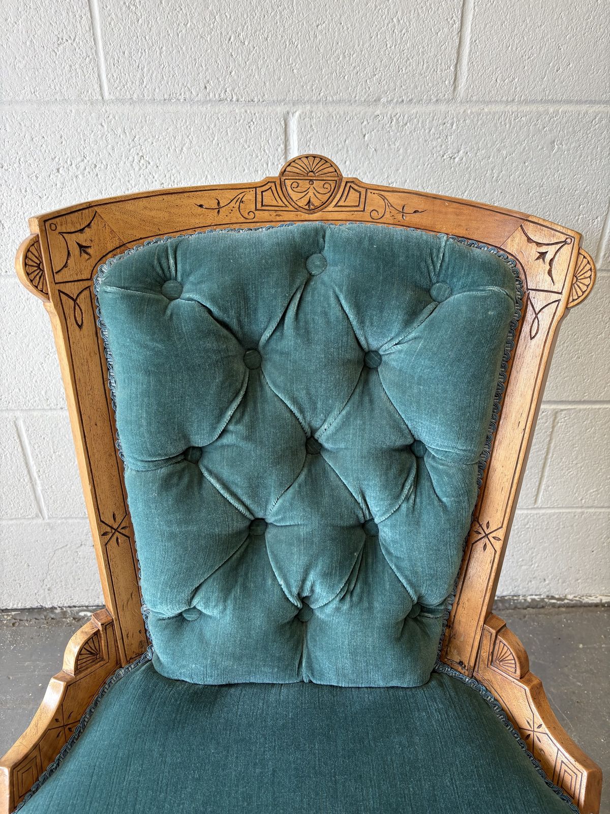 Victorian Buttoned Back Nursing Chair With Carved Detail photo for sale
