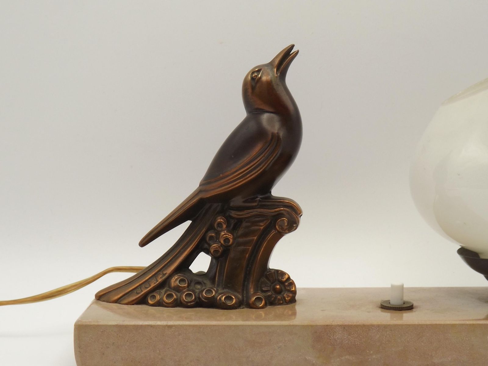 French Art Deco Tedd Bird Lamp – Signed, Marble Base & White Patterned Shade.  Bedside Lamp. photo 145.0