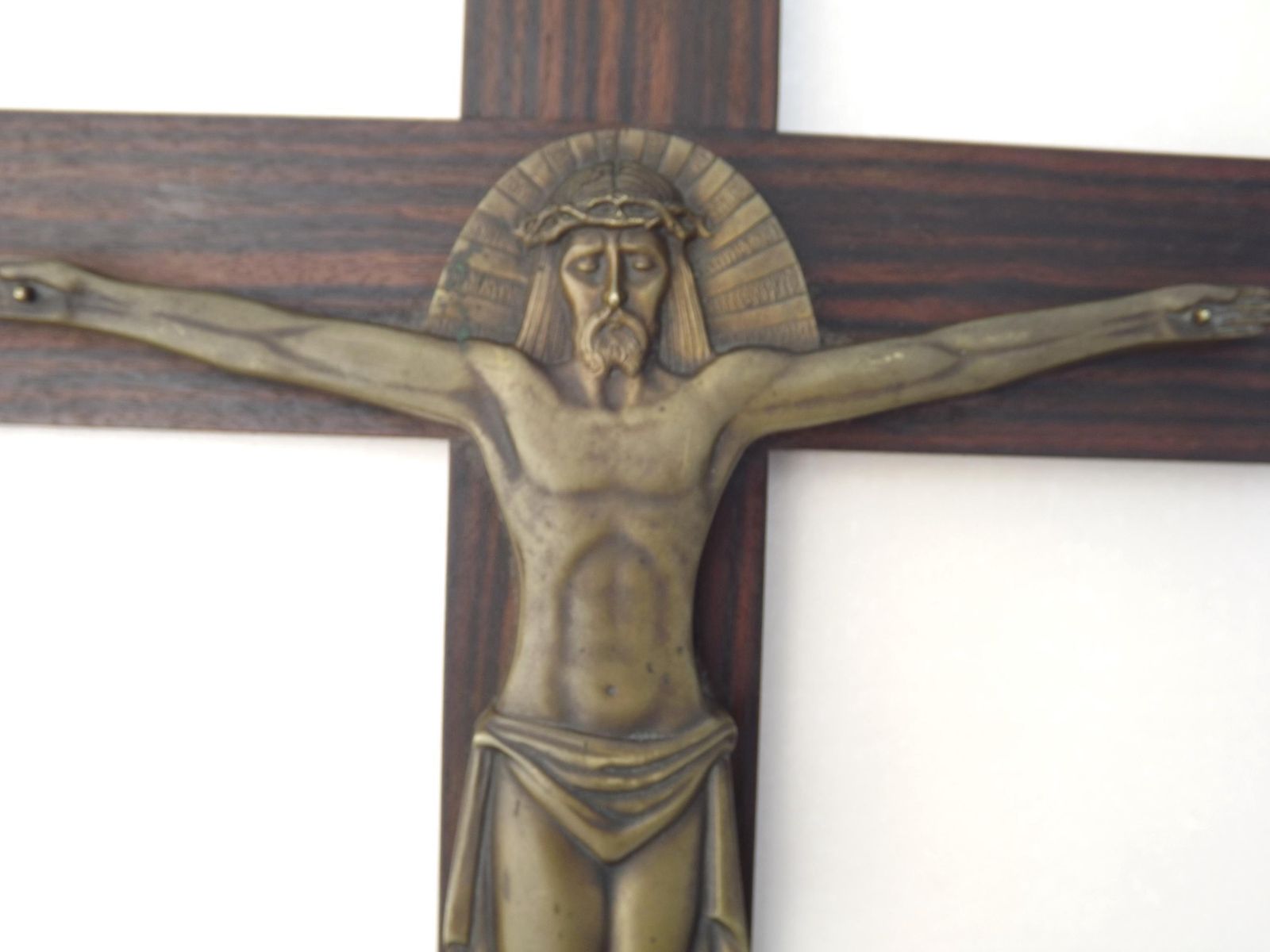 Vintage French Devotional Wooden Wall Cross Stamped Bronze Jesus Figure   French Vintage; Religious Wall Hanging. Vintage Religious Decor. photo for sale
