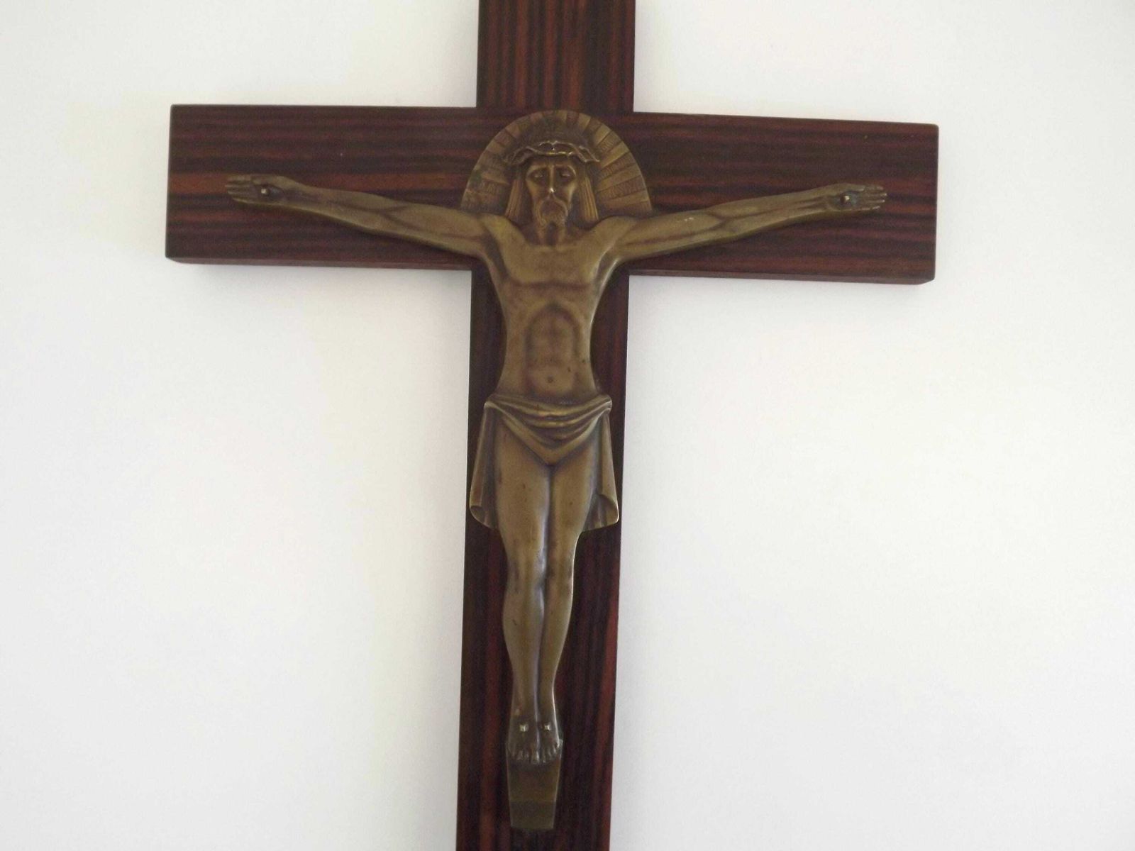 photo furniture Vintage French Devotional Wooden Wall Cross Stamped Bronze Jesus Figure   French Vintage; Religious Wall Hanging. Vintage Religious Decor.