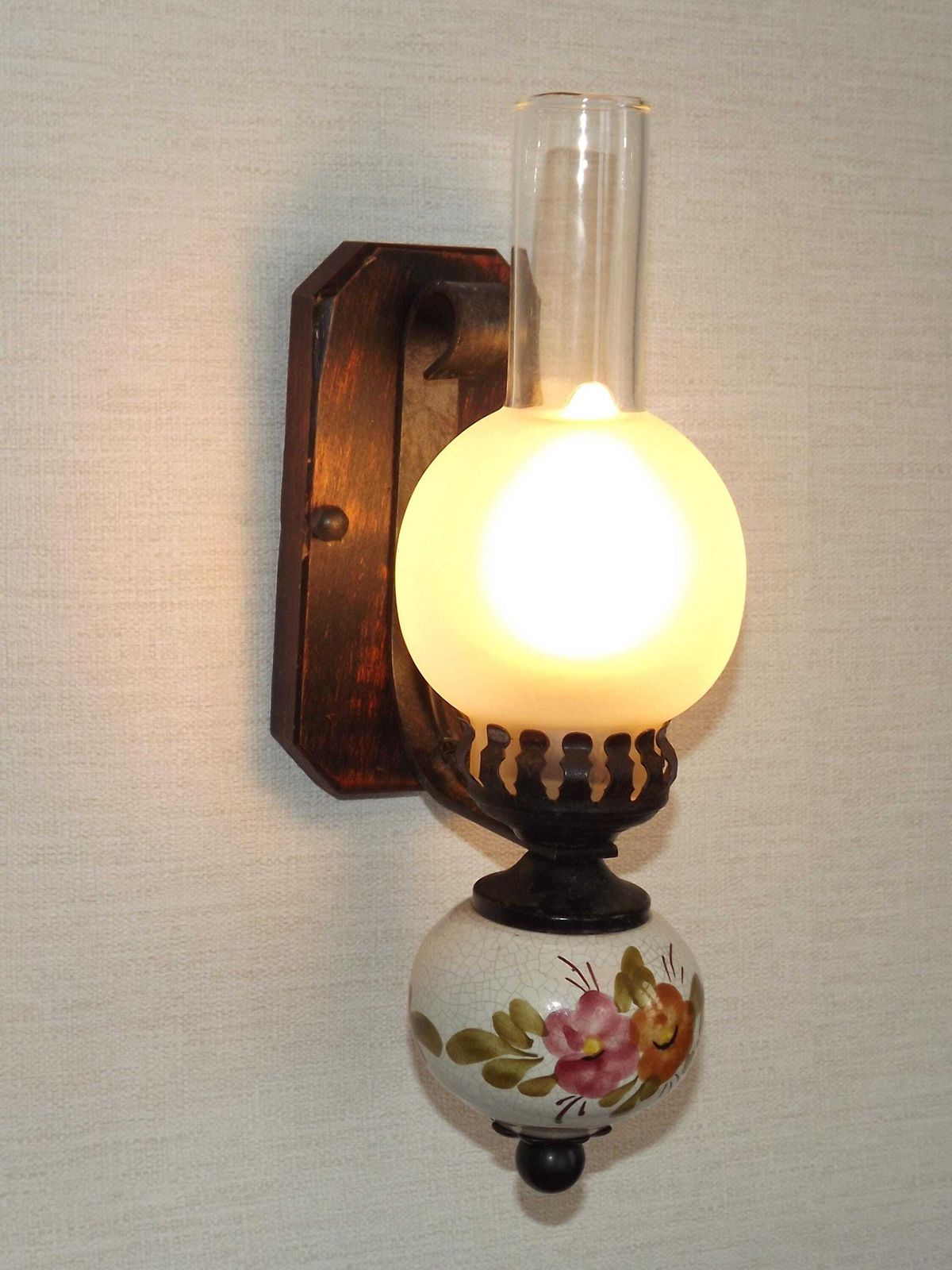 photo for sale Set Of 3 French Country Wall Lanterns – Rustic Wood & Metal Sconces With Ceramic Floral Bowl And Glass Shade. Set 3 Wall Lights.