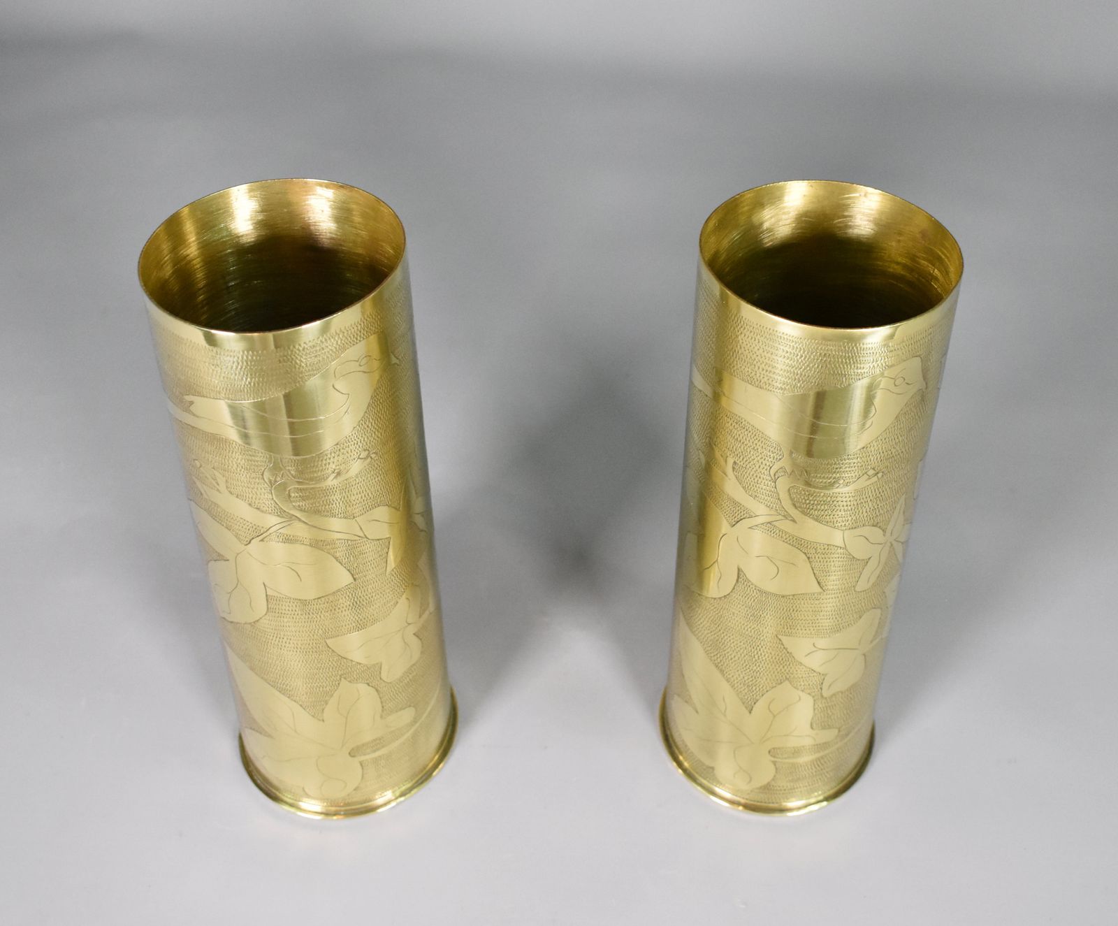 Home Decor Pair Antique French Trench Art Brass Shell Vases Ww1 photo