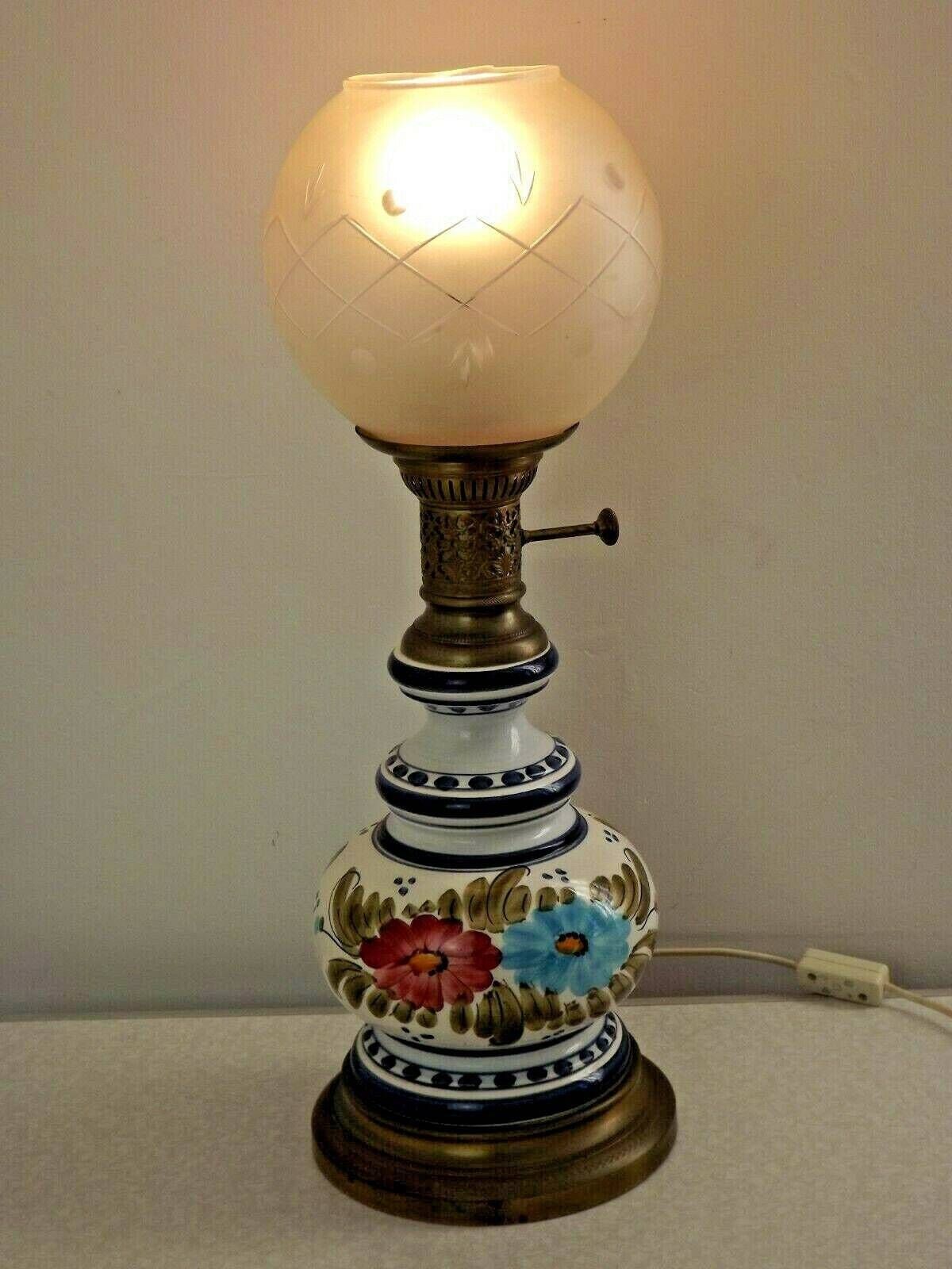 Large Hand Painted French Country Lantern Style Table Lamp With Glass Shade   Vintage French Lighting. French Country Lamp. Decorative Base. photo Lighting
