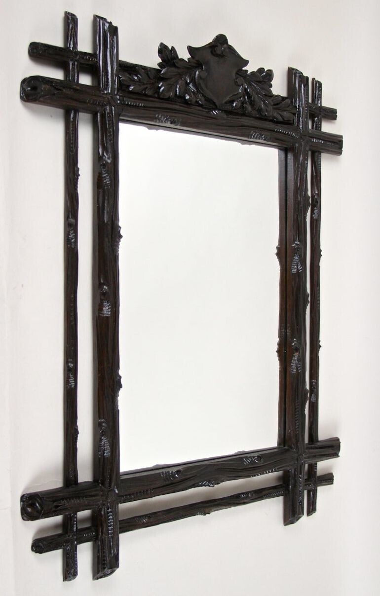 19th Century Black Forest Rustic Mirror With Coat Of Arms Carving, At, Circa 1880 photo furniture