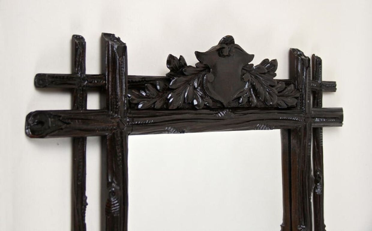 19th Century Black Forest Rustic Mirror With Coat Of Arms Carving, At, Circa 1880 photo vinterior
