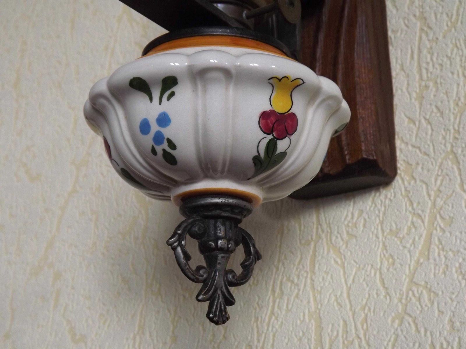 photo for sale French Vintage Wood Porcelain & Iron Country Wall Light Glass Funnel Shade   French Vintage Lighting. French Country Style Wall Light.