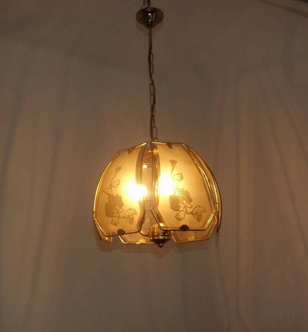 Vintage French Gold Metal 3 Bulb Ceiling Light 6 Floral Amber Glass Panels   Vintage French Light. Glass Panel Light. Thistle Floral Design. photo for sale