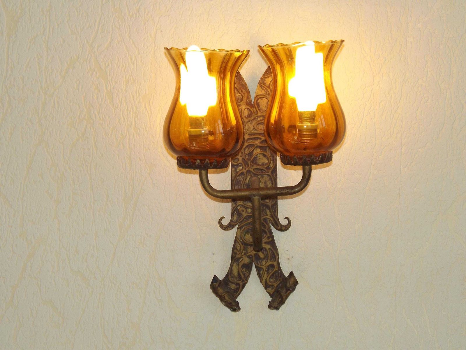 Double Hand Forged Wrought Iron Medieval Style Wall Light Amber Glass Shades   French Vintage Lighting. Double Wrought Iron Wall Sconce. photo furniture