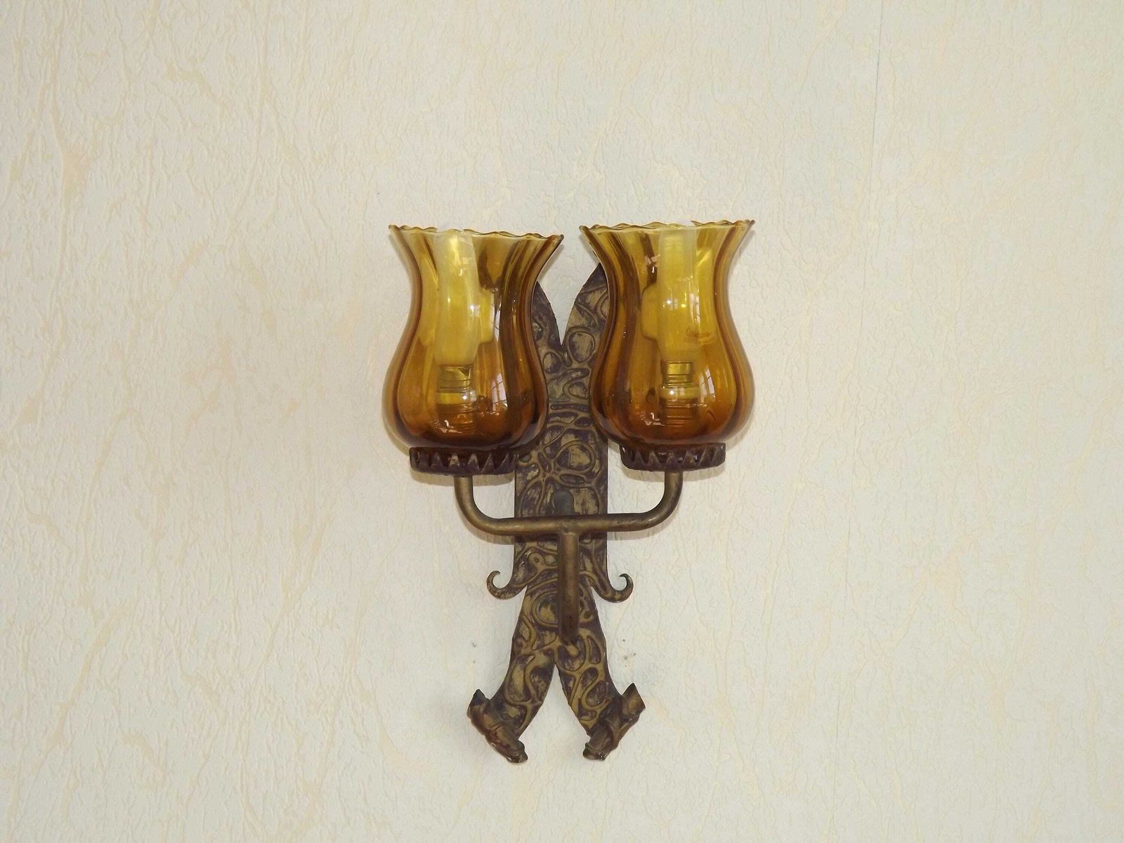 photo for sale Double Hand Forged Wrought Iron Medieval Style Wall Light Amber Glass Shades   French Vintage Lighting. Double Wrought Iron Wall Sconce.
