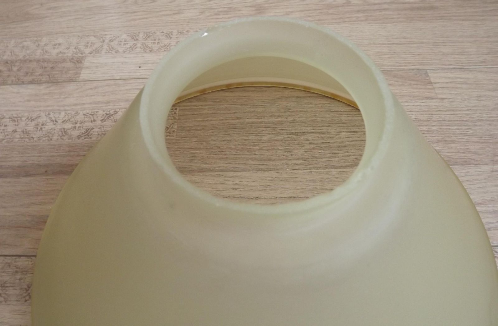French Mid Century Coloured Glass Hanging Shade With Gold Metal Rim   Vintage French Lighting. Hanging Ceiling Light . Yellow Tinge Shade. photo for sale