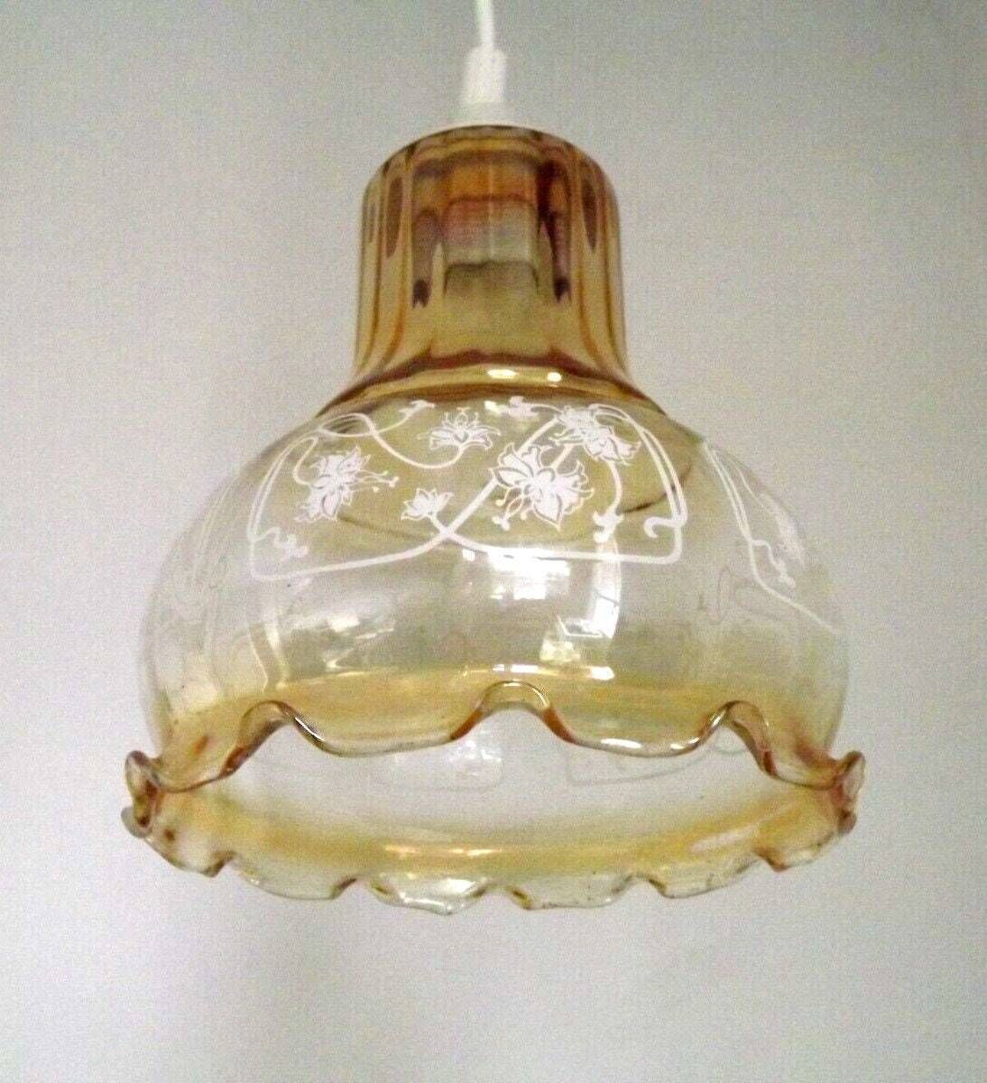 French Vintage Signed Vianne Amber Glass Ceiling Light – Floral Frilled Elegance  French Vintage Lighting. Signed Ceiling Light. photo furniture