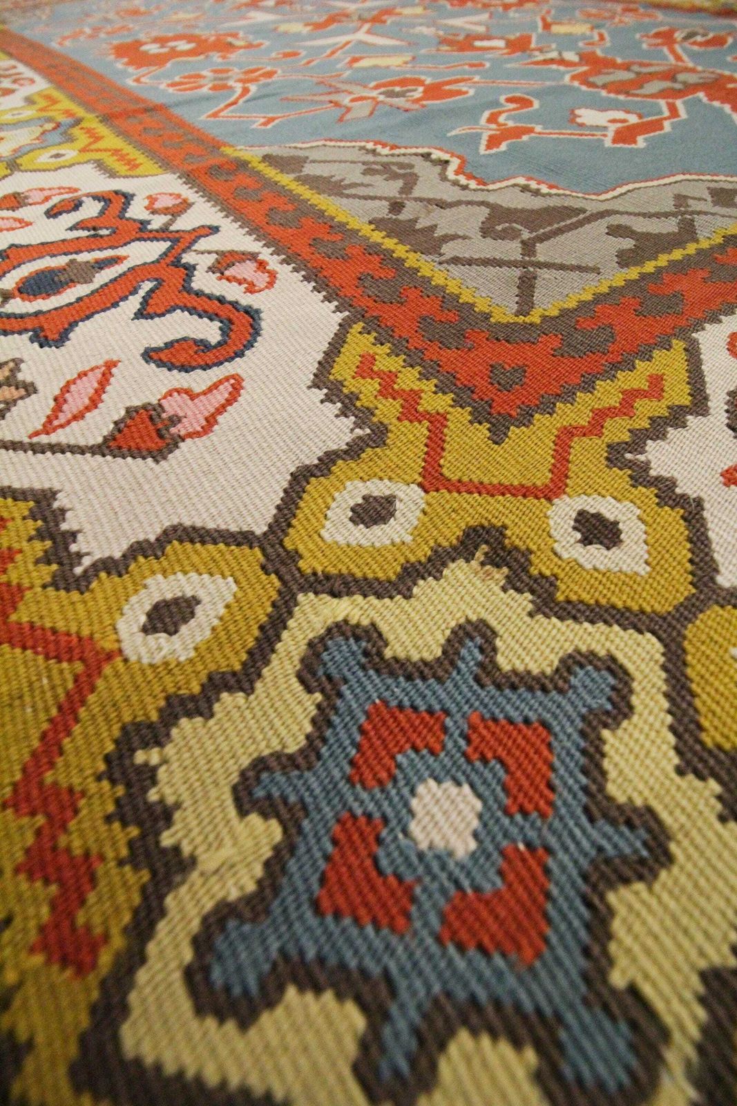 Antique Anatolian Kilim Rug, Handmade Wool Flatweave Carpet, Red & Gold Floral Geometric Kilim 200 × 133 Cm photo for sale