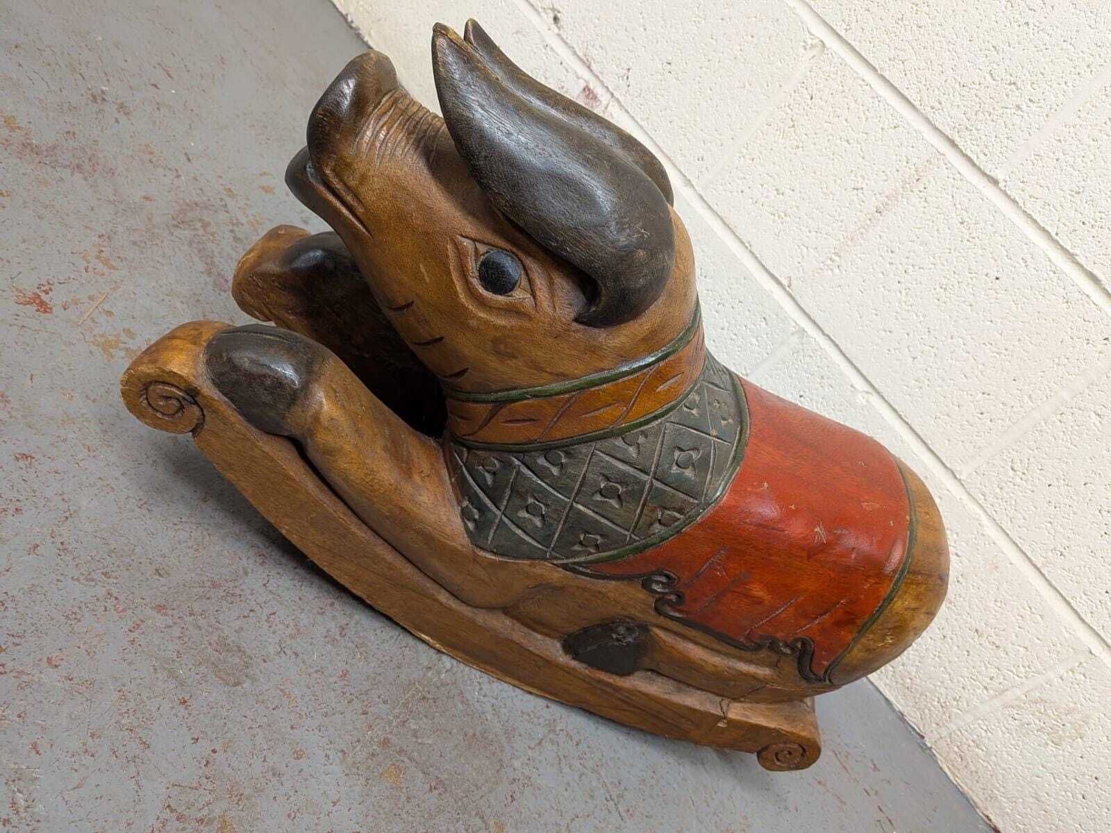 Vintage Polychrome Carved Wooden Rocking Pig photo vinterior