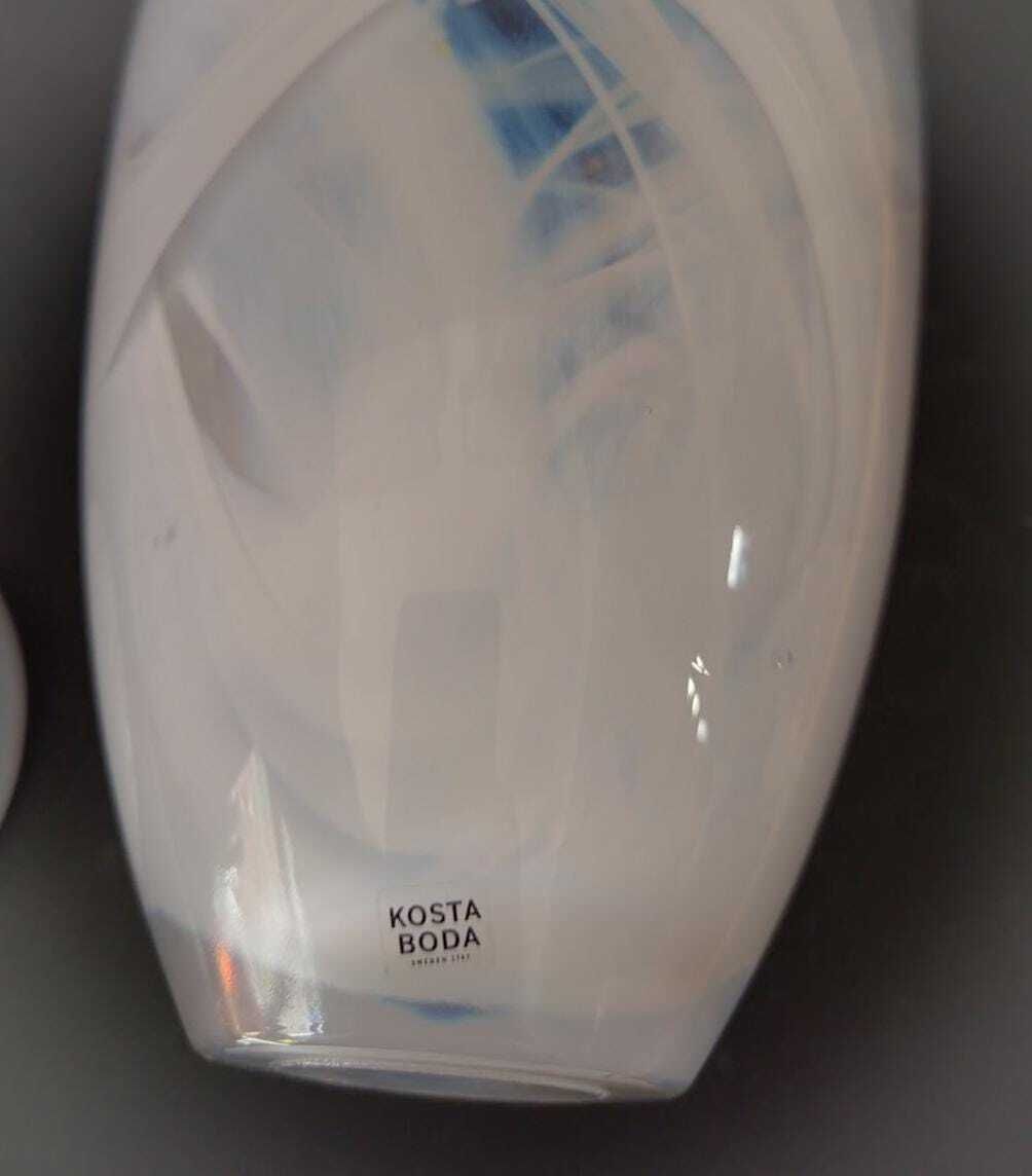 Kosta Boda Sweden Pair Of Glass Bowl Ashtray + Vase White Swirl Vintage photo buy