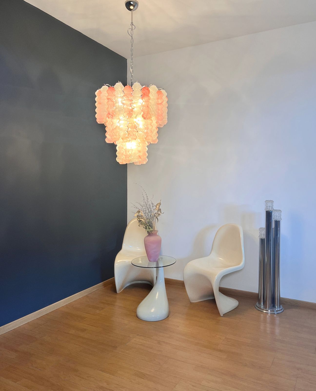 1380.0 Large Three Tier Murano Glass Tube Chandelier   White And Pink Albaster photo