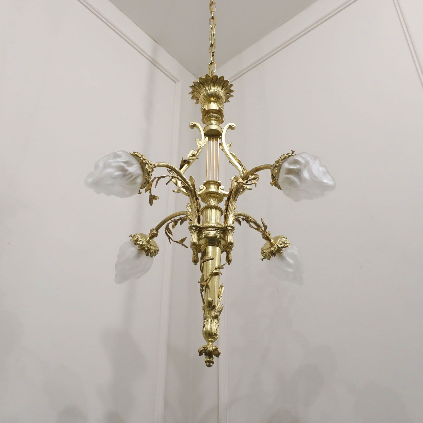 French Neoclassical Style Gilt Bronze Lyre Chandelier photo for sale