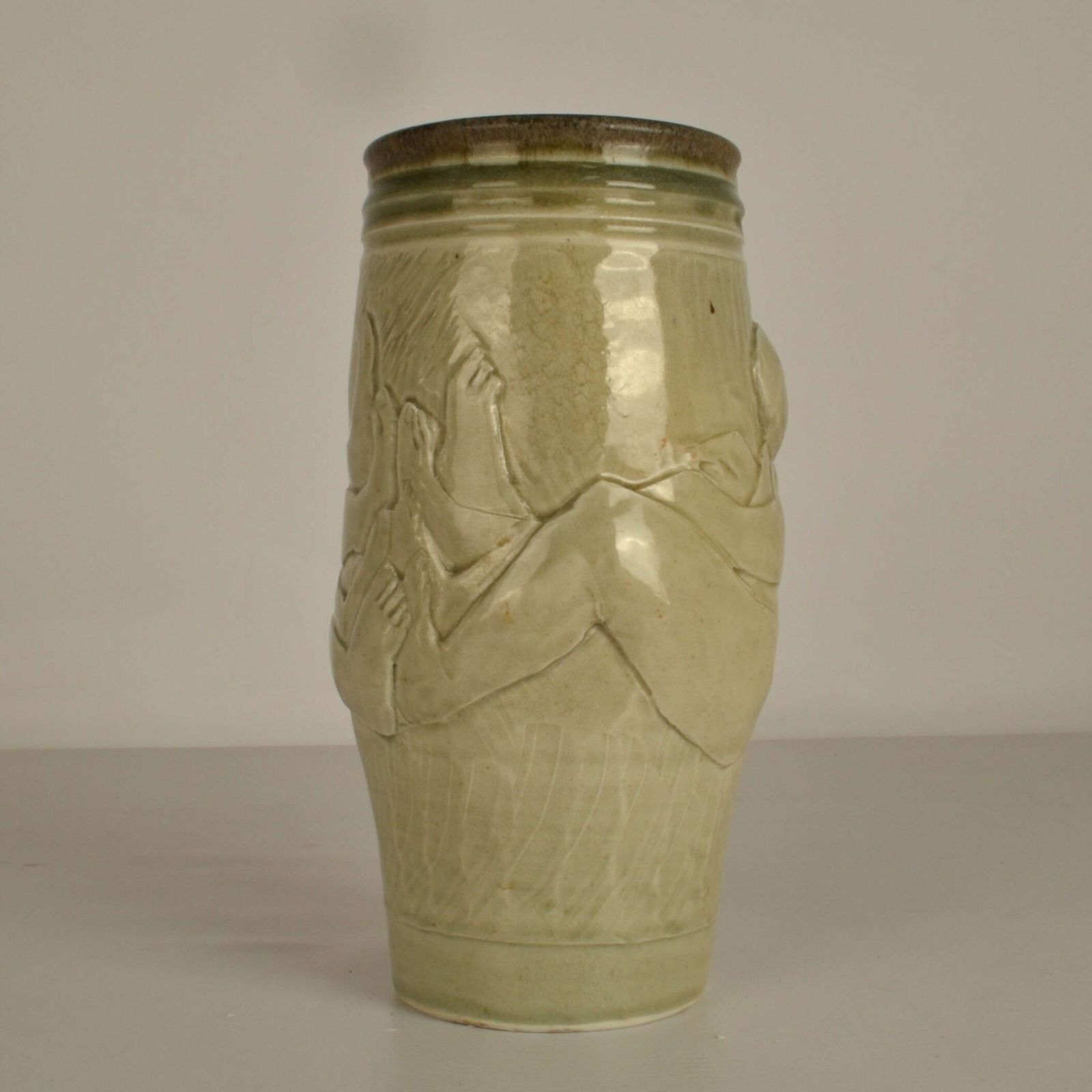 photo for sale Figurative Ceramic Vase By Arnaud Lang With Bas Relief Of Men