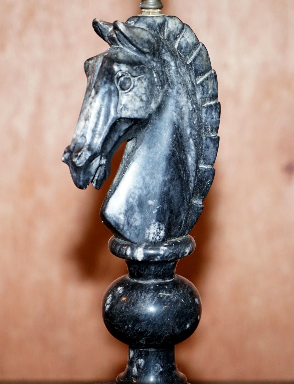 Pair Of Original 1950's Italian Carrara Marble Chess Horse Lamps Fully Serviced photo vintage
