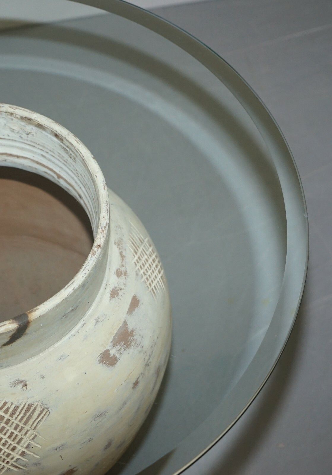 Pair Of Pottery Urn Pots, Large Thick Bevelled Glass Tops Side End Lamp Tables photo vinterior