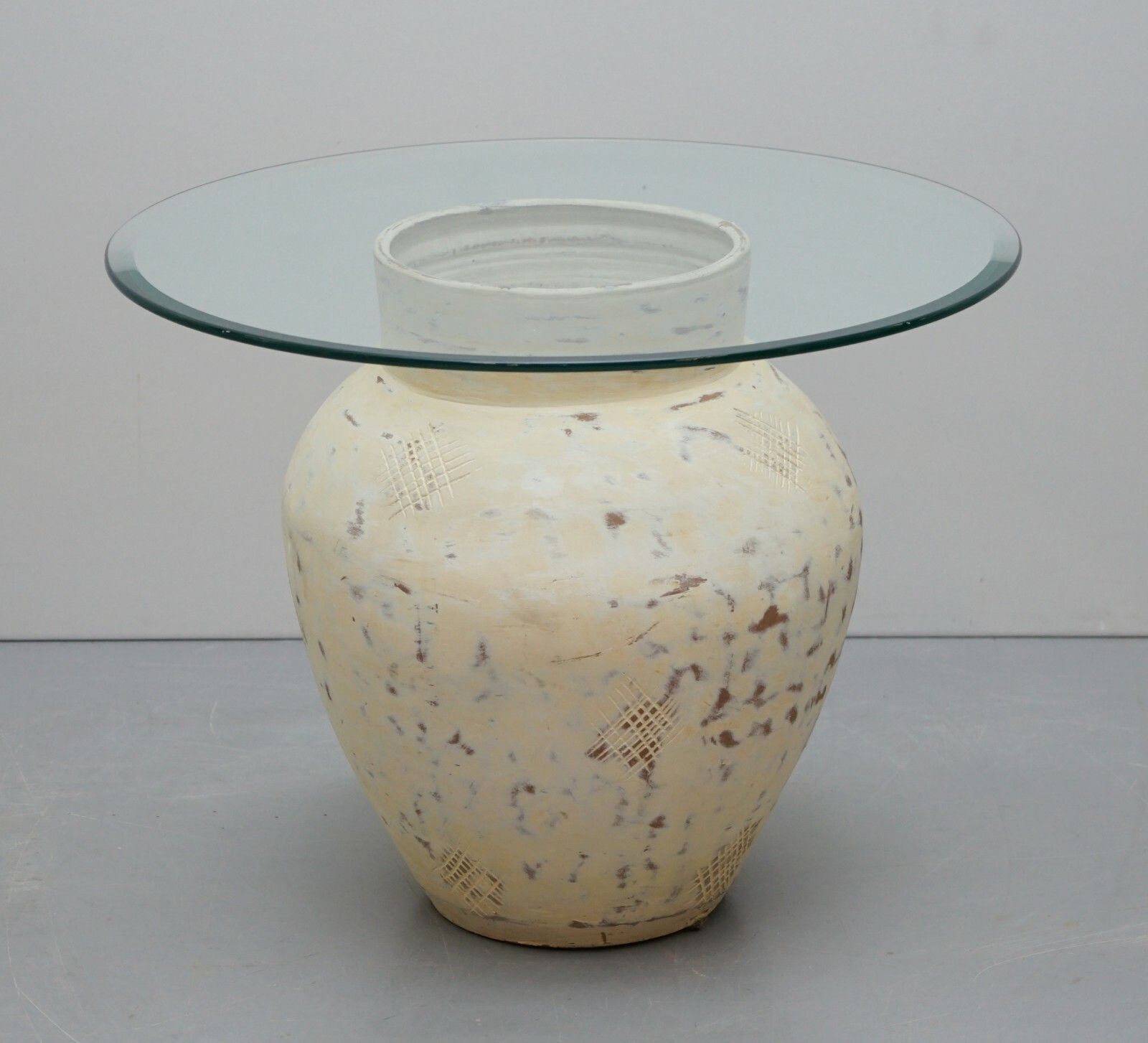 photo for sale Pair Of Pottery Urn Pots, Large Thick Bevelled Glass Tops Side End Lamp Tables