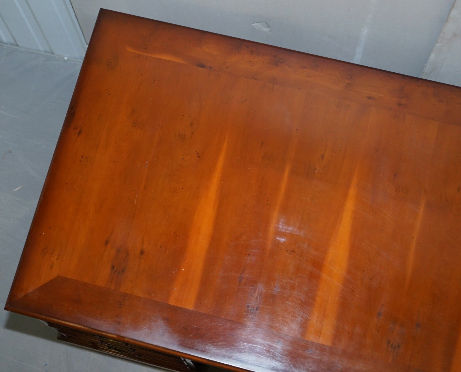 Lovely Burr Yew Wood Twin Pedestal Partner Desk With Complete Ornate Timber Top photo buy
