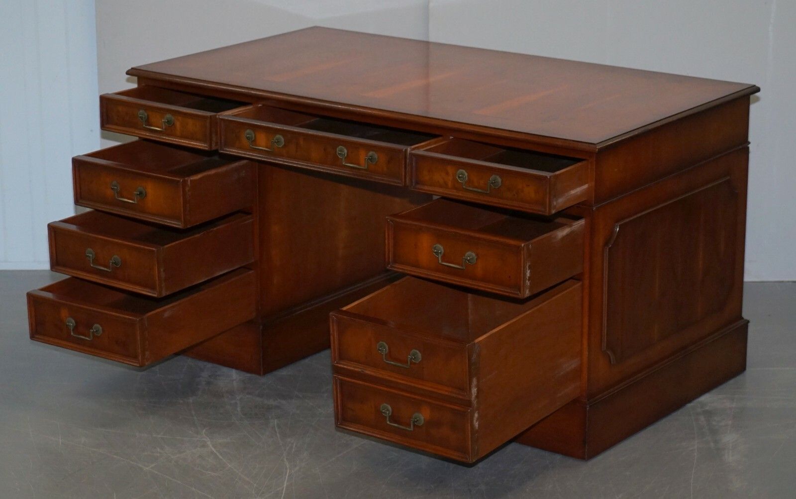 Furniture Lovely Burr Yew Wood Twin Pedestal Partner Desk With Complete Ornate Timber Top photo