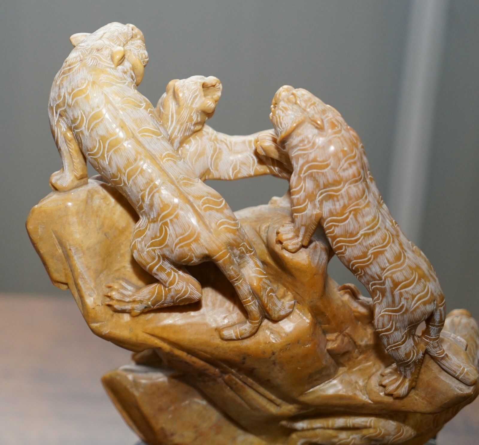 photo for sale Rare Large Chinese Export Circa 1900 Shoushan Stone Sculpture Of Mountain Lions