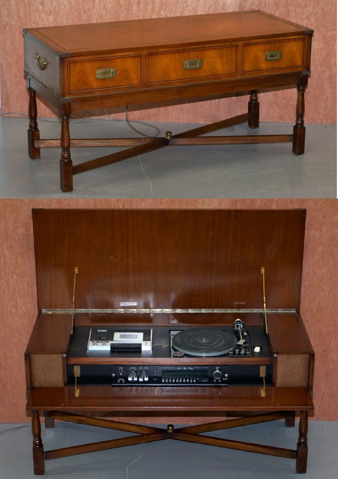 Military Campaign Style Console Coffee Table Hidden Radio Tape Record Player photo furniture