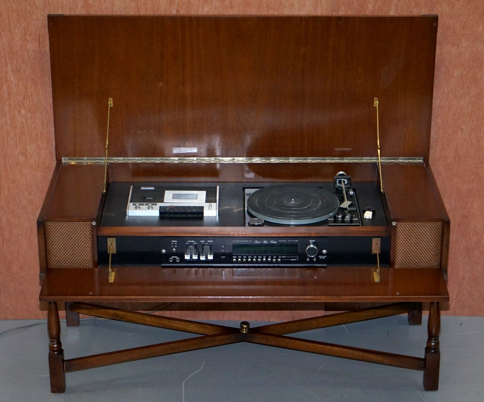 Military Campaign Style Console Coffee Table Hidden Radio Tape Record Player photo vintage