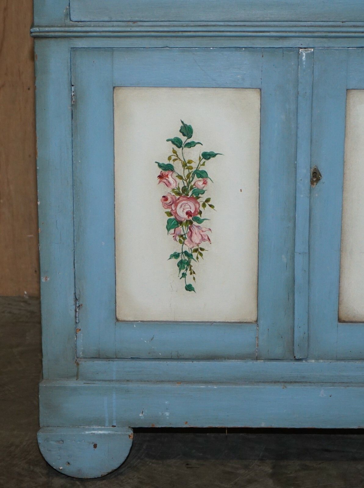 Antique Circa 1880 French Hand Painted Duck Blue Pine Kitchen Sideboard Buffet photo for sale