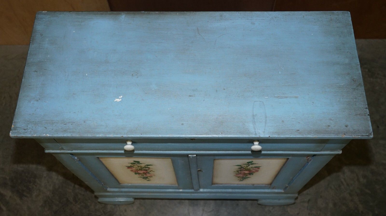 Antique Circa 1880 French Hand Painted Duck Blue Pine Kitchen Sideboard Buffet photo vinterior