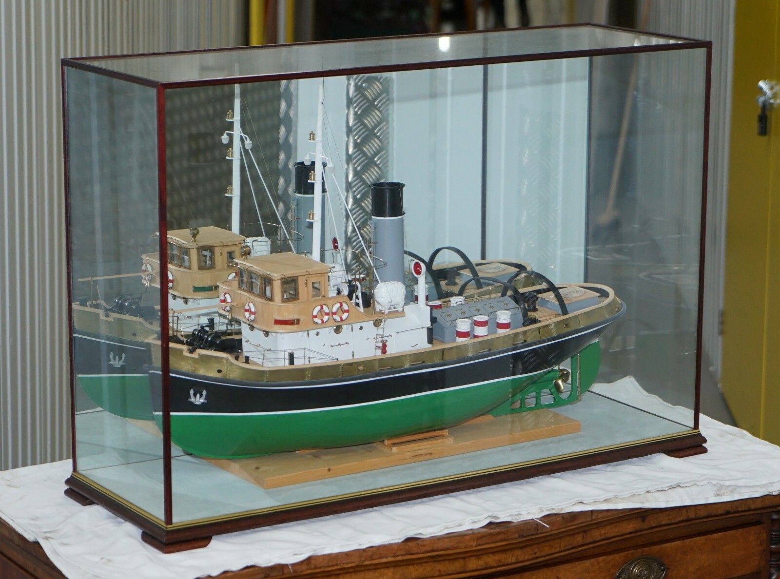 Large Model Ship Of The Anteo Tugboat In Mahogany Frame Glass Exhibition Case photo furniture