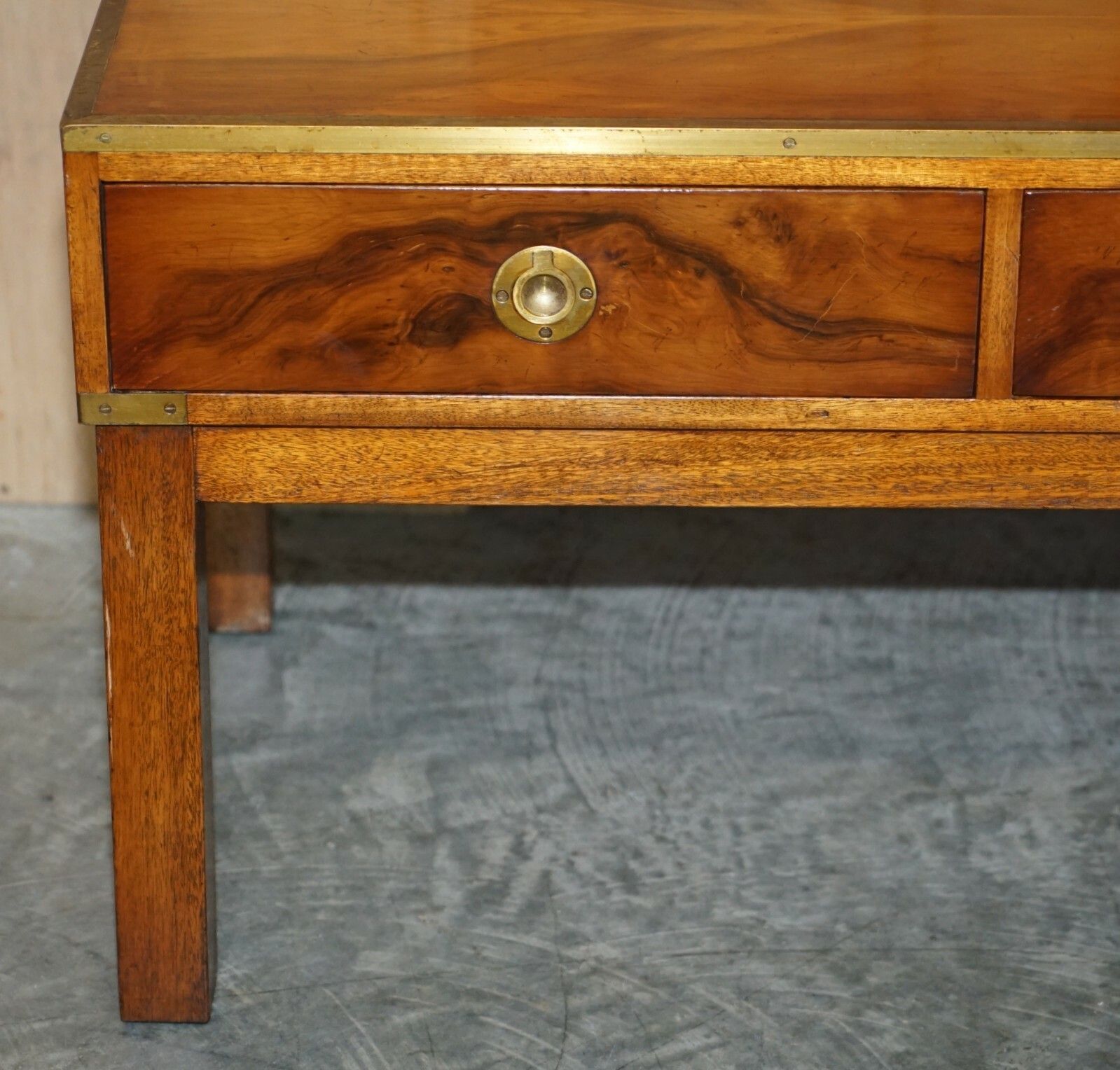 Lovely Restored Burr Walnut & Brass Military Campaign Three Drawer Coffee Table photo vinterior