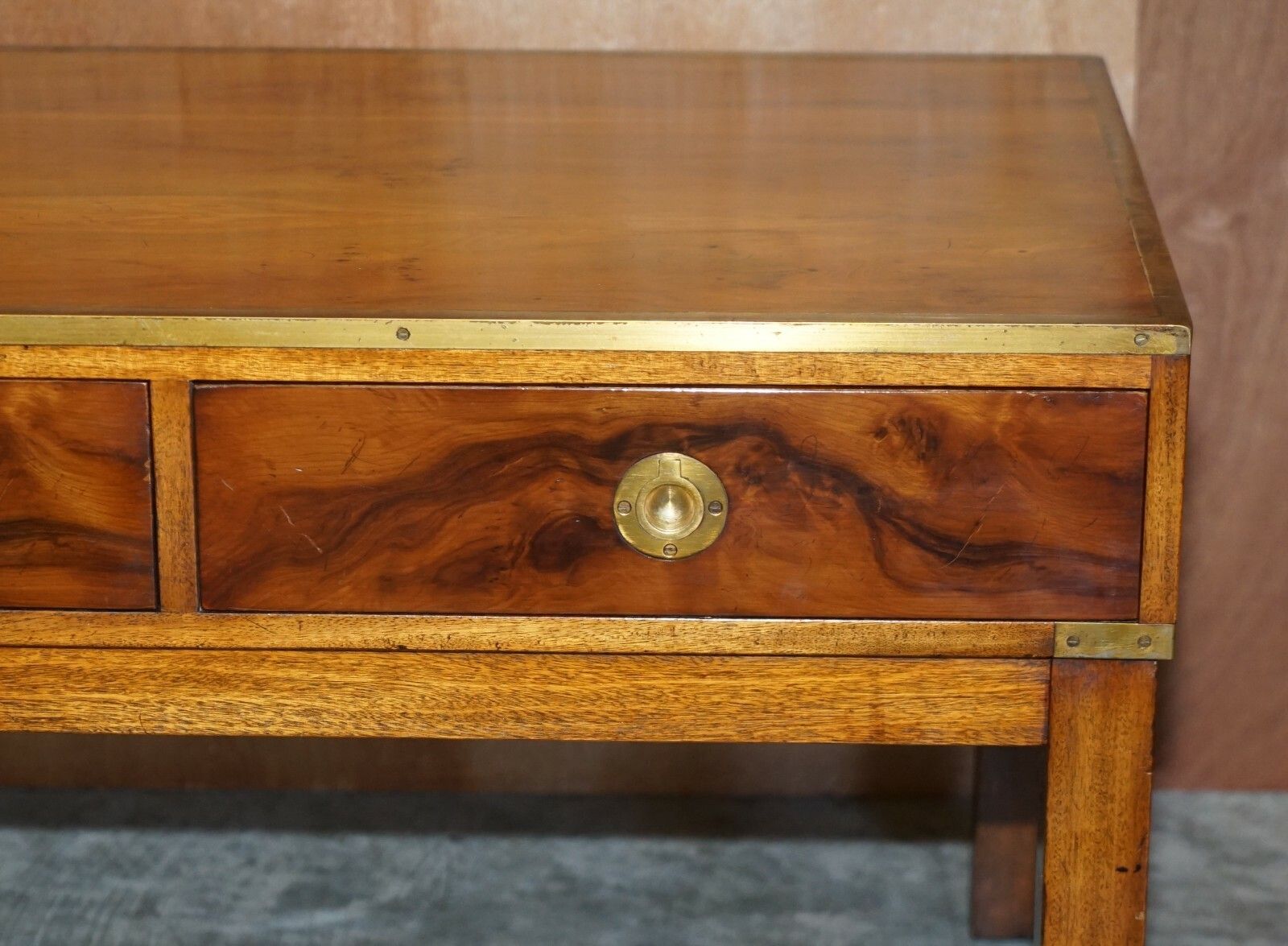 photo furniture Lovely Restored Burr Walnut & Brass Military Campaign Three Drawer Coffee Table