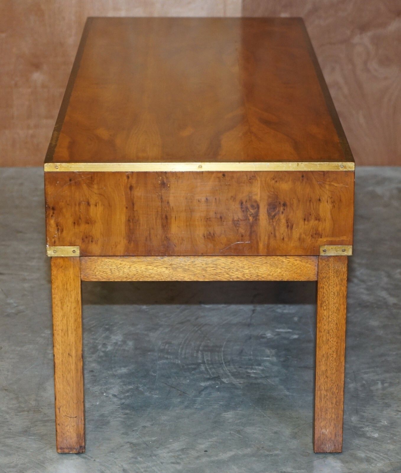 photo for sale Lovely Restored Burr Walnut & Brass Military Campaign Three Drawer Coffee Table