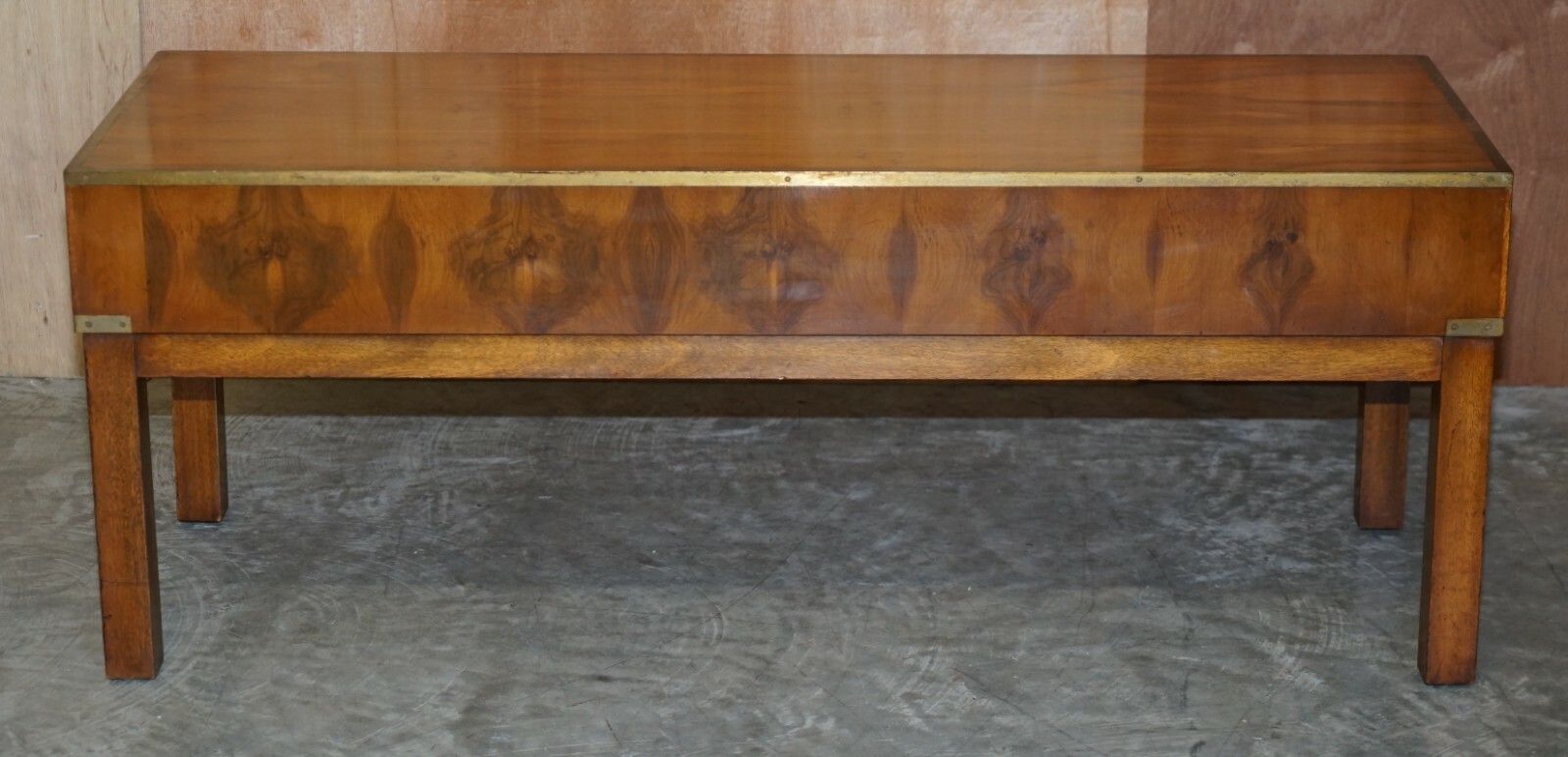 Furniture Lovely Restored Burr Walnut & Brass Military Campaign Three Drawer Coffee Table photo