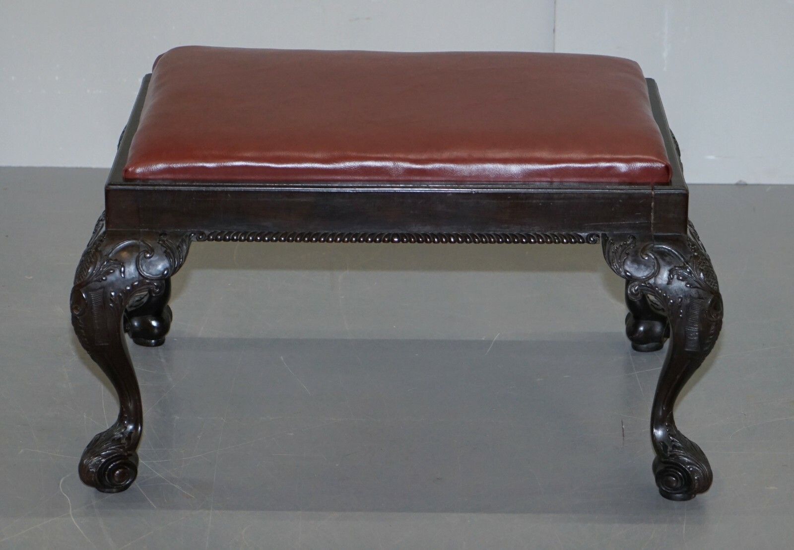 Antique Hand Carved English Georgian Claw & Ball Feet Footstool Brown Leather photo furniture