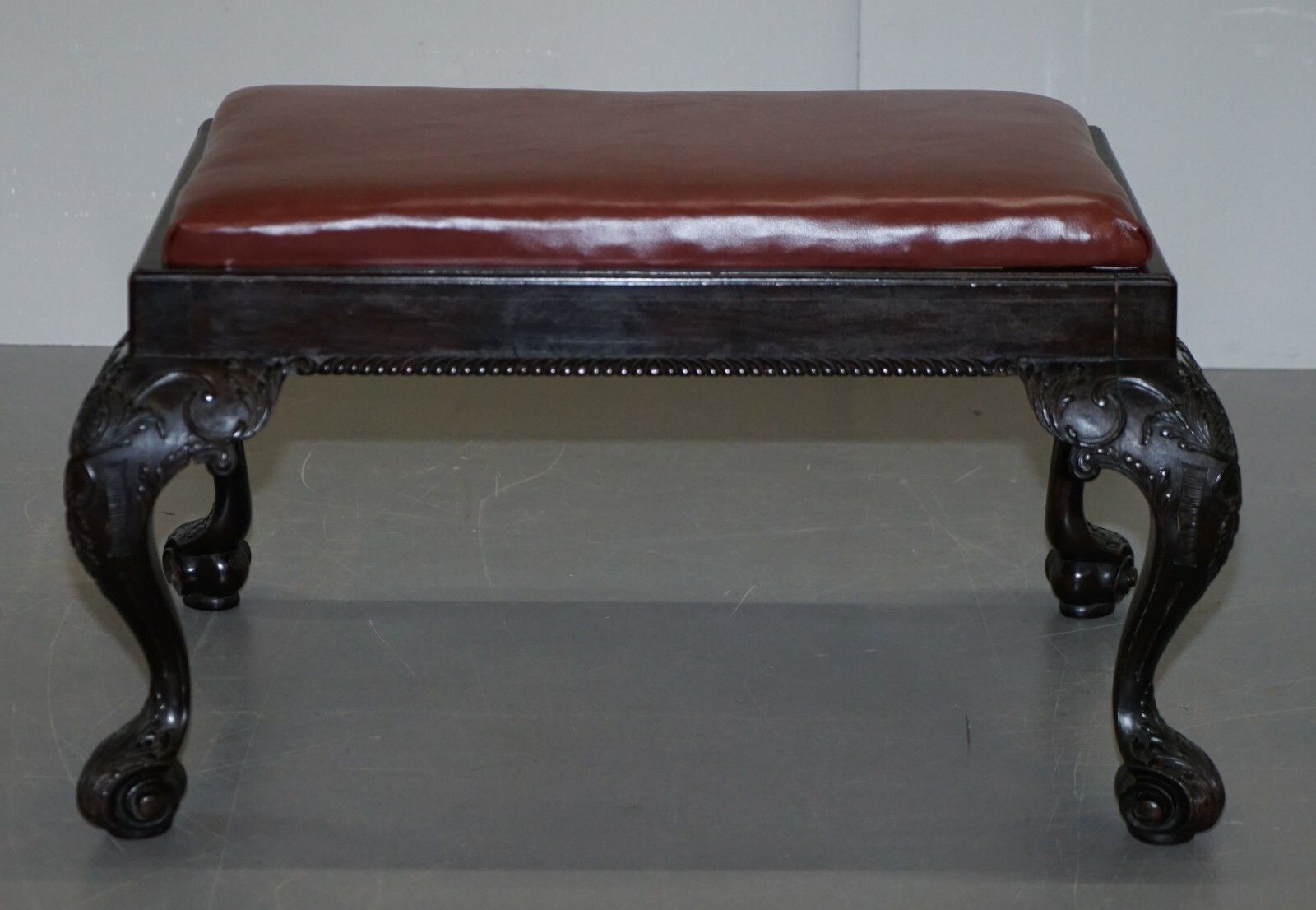 photo furniture Antique Hand Carved English Georgian Claw & Ball Feet Footstool Brown Leather