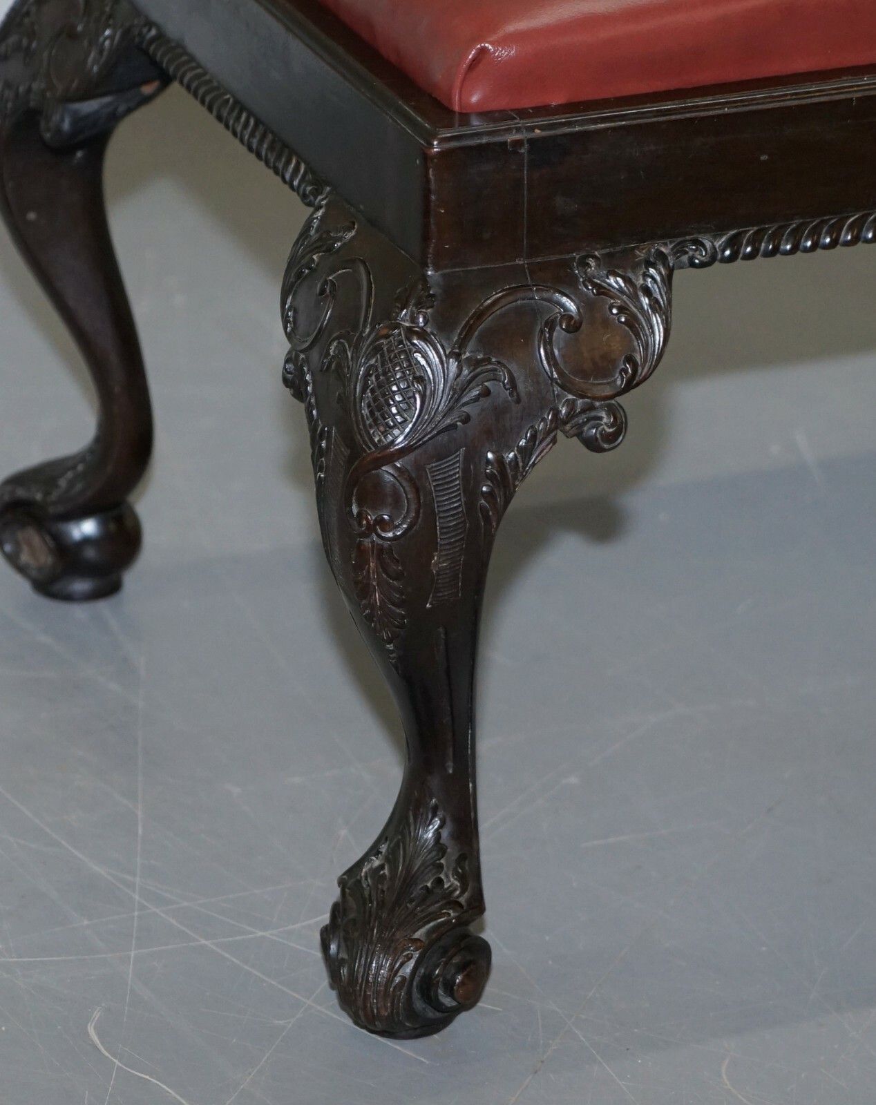 photo for sale Antique Hand Carved English Georgian Claw & Ball Feet Footstool Brown Leather