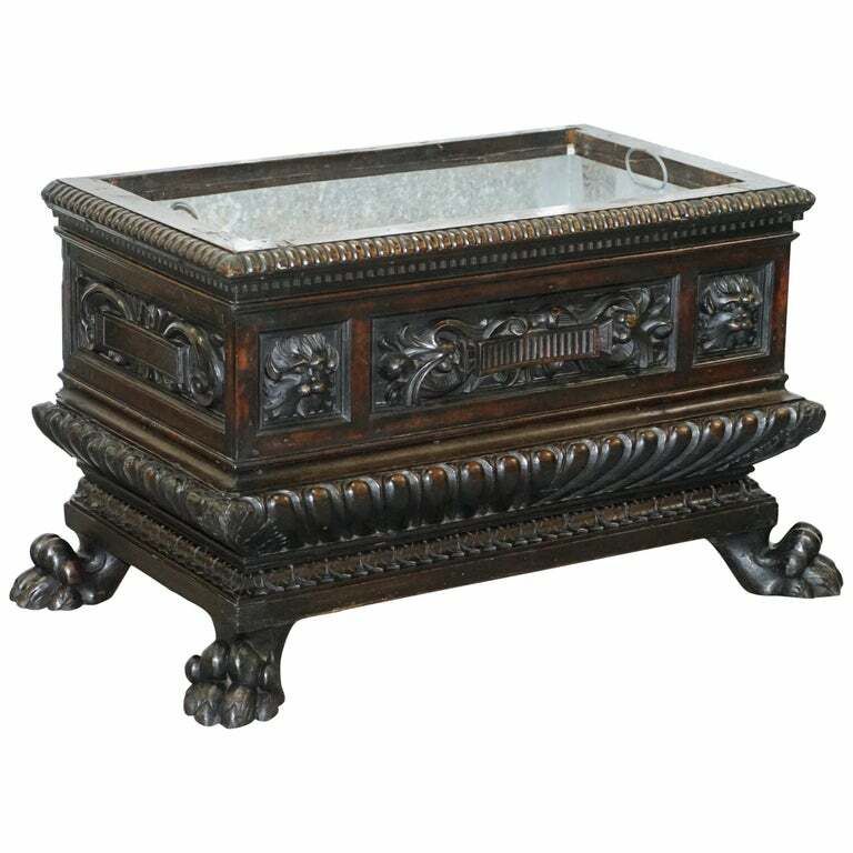Gothic Revival 1840 Carved Wood Huge Wine Cooler Planter Lion Hairy Paw Feet