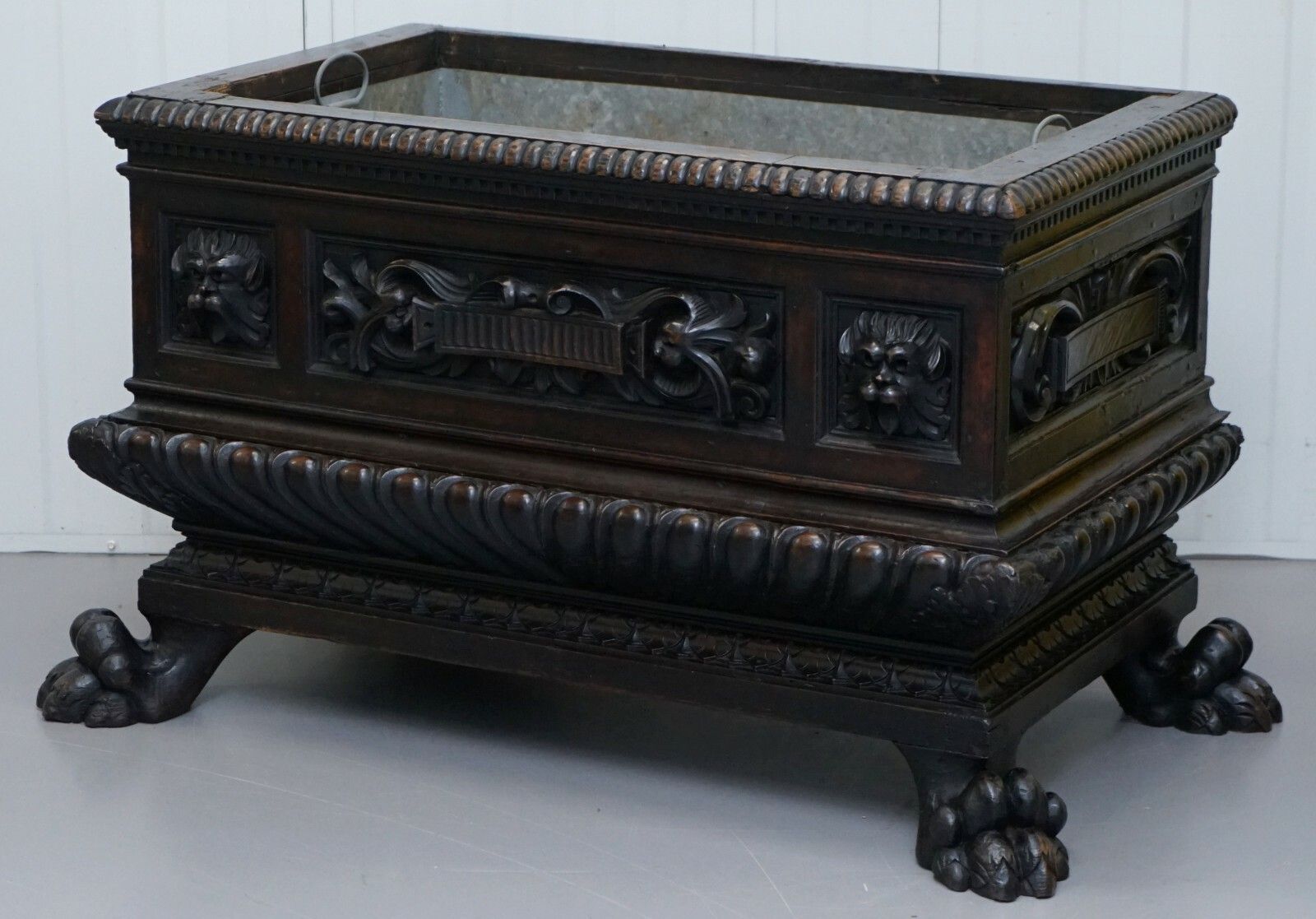 Gothic Revival 1840 Carved Wood Huge Wine Cooler Planter Lion Hairy Paw Feet photo for sale