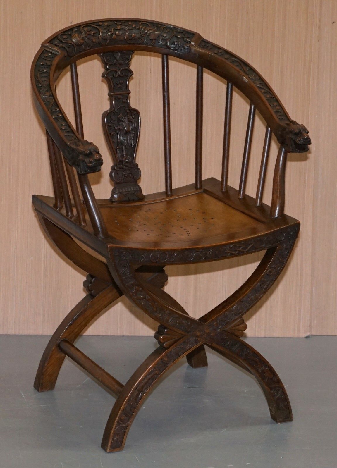 Rare Pair Of Circa 1900 Anglo Chinese Hand Carved Savonarola Armchairs Dragons photo furniture