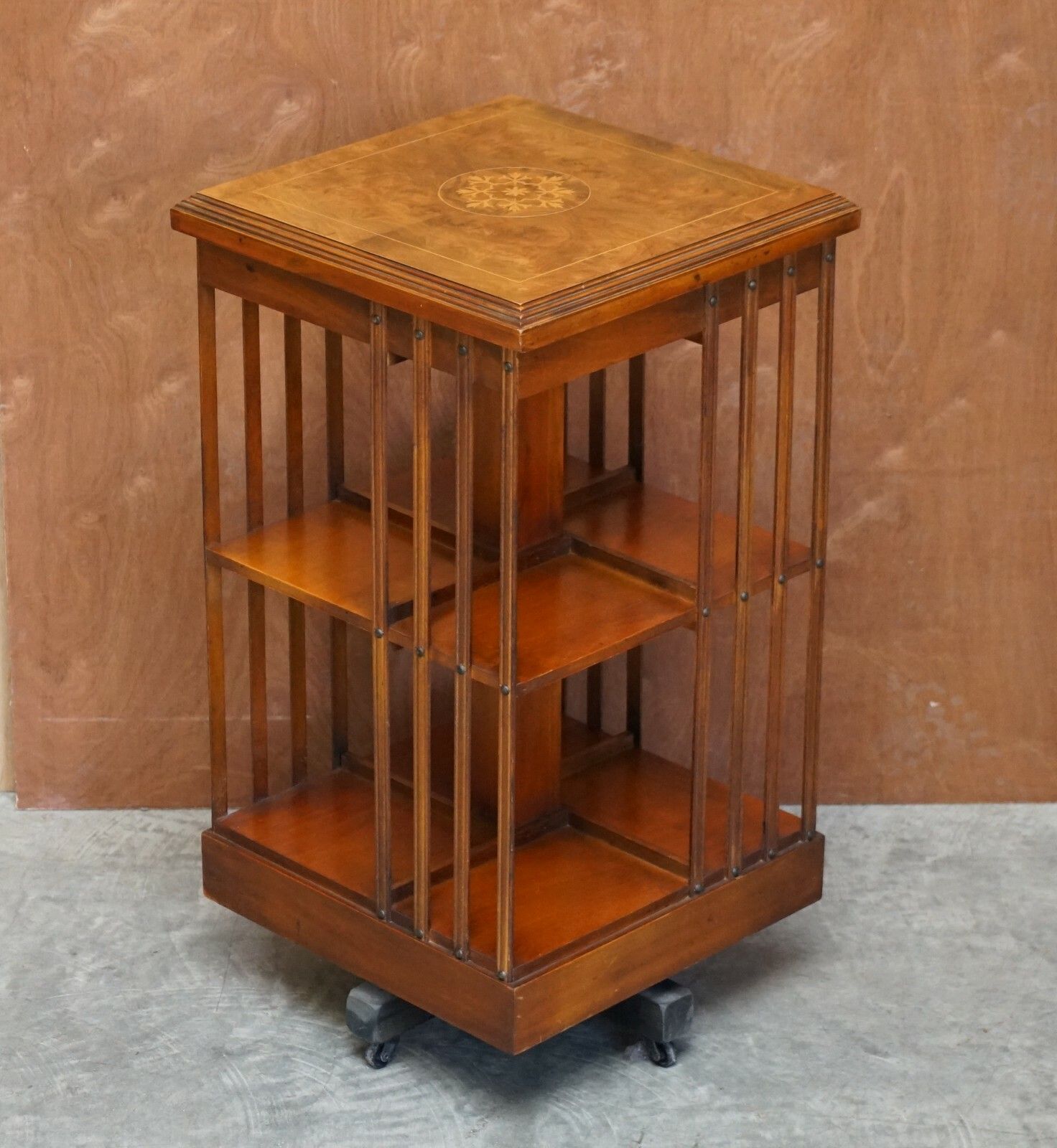 Lovley Sheraton Revival Burr Elm & Satinwood Revolving Bookcase Side End Table photo vinterior